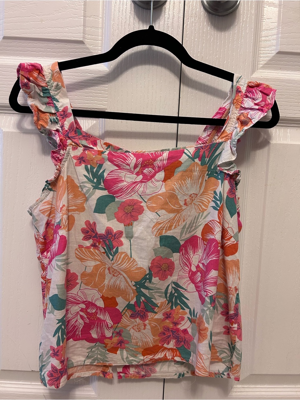 Rachel Zoe Cream Floral Ruffle Strap Tank with Pink & Orange Blooms